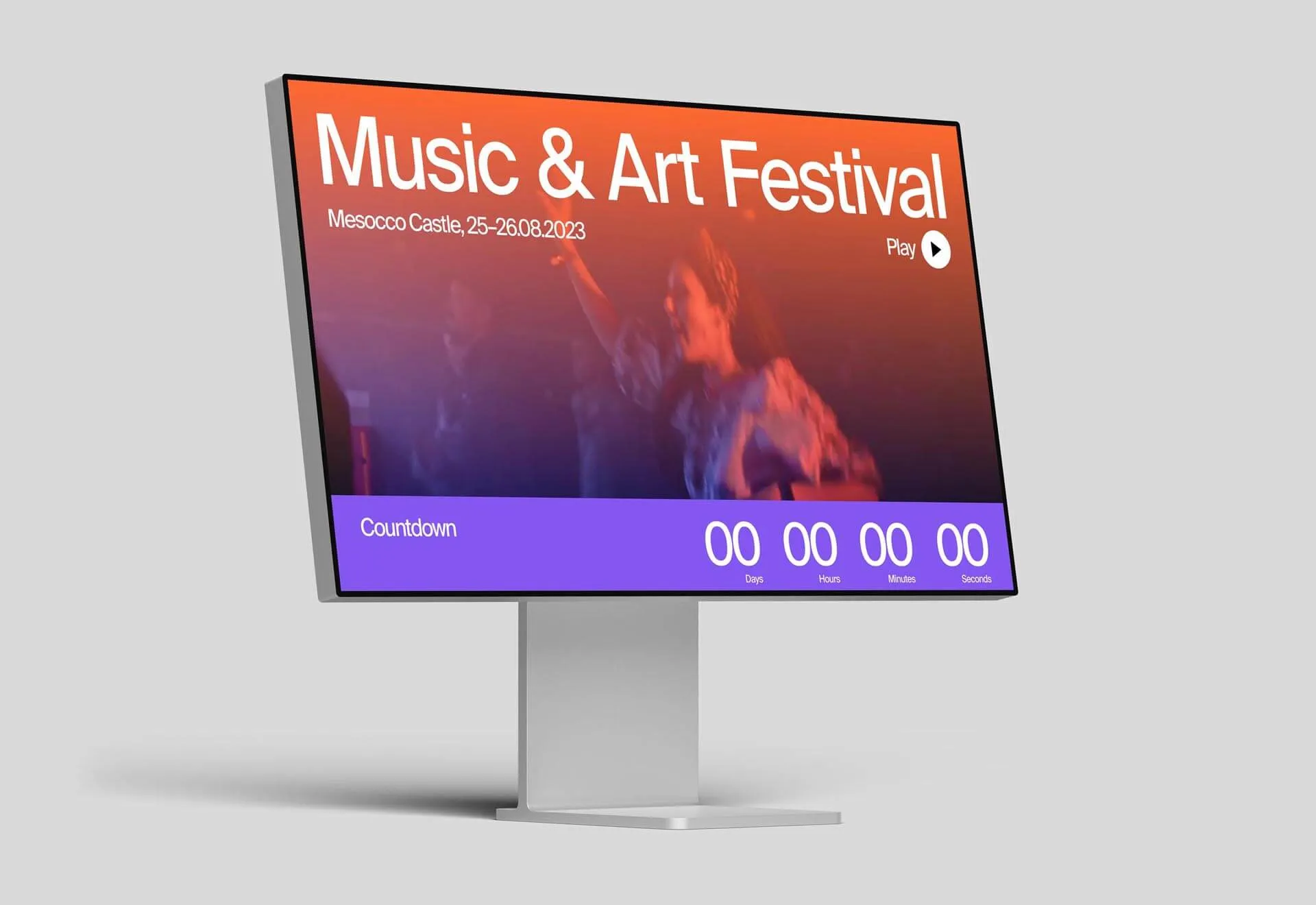 Monitor displaying Music & Art Festival at Mesocco Castle with a countdown timer at zero.
