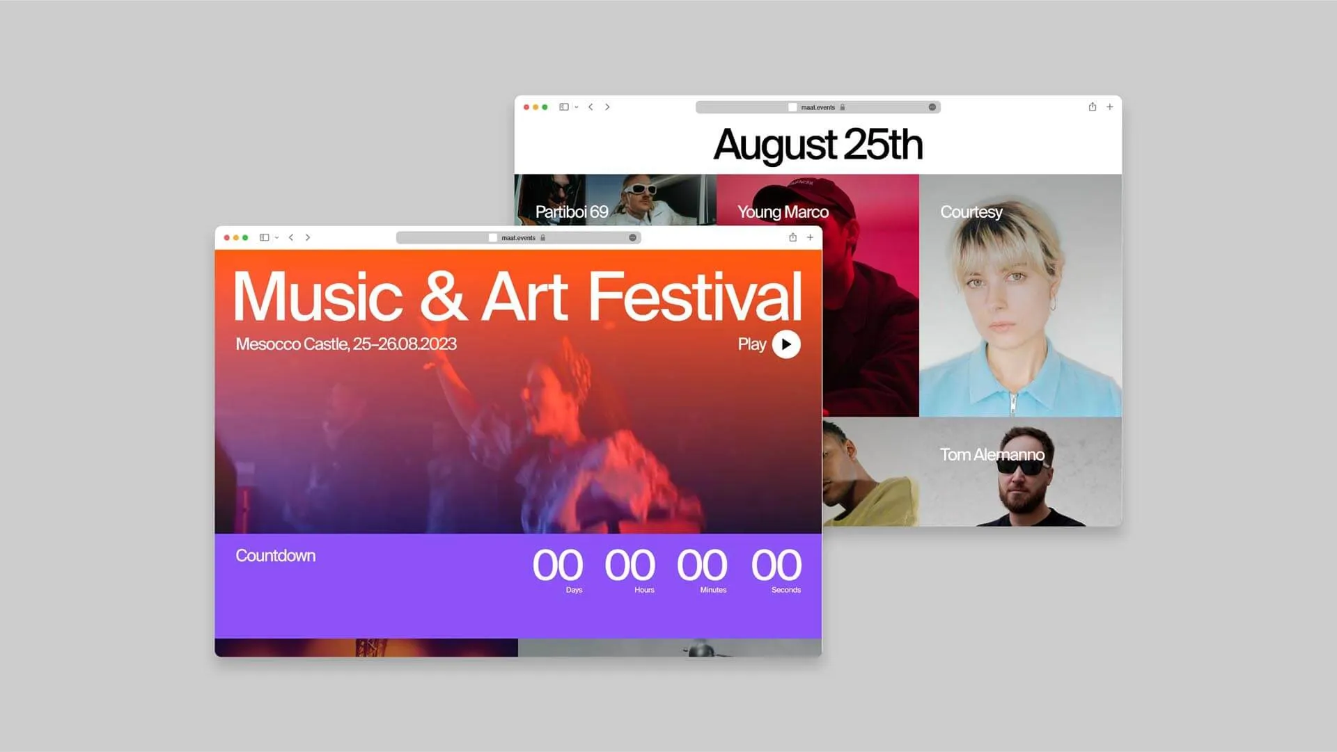 Two overlapping festival event web pages showing Music & Art Festival at Mesocco Castle and featured artists for August 25th.