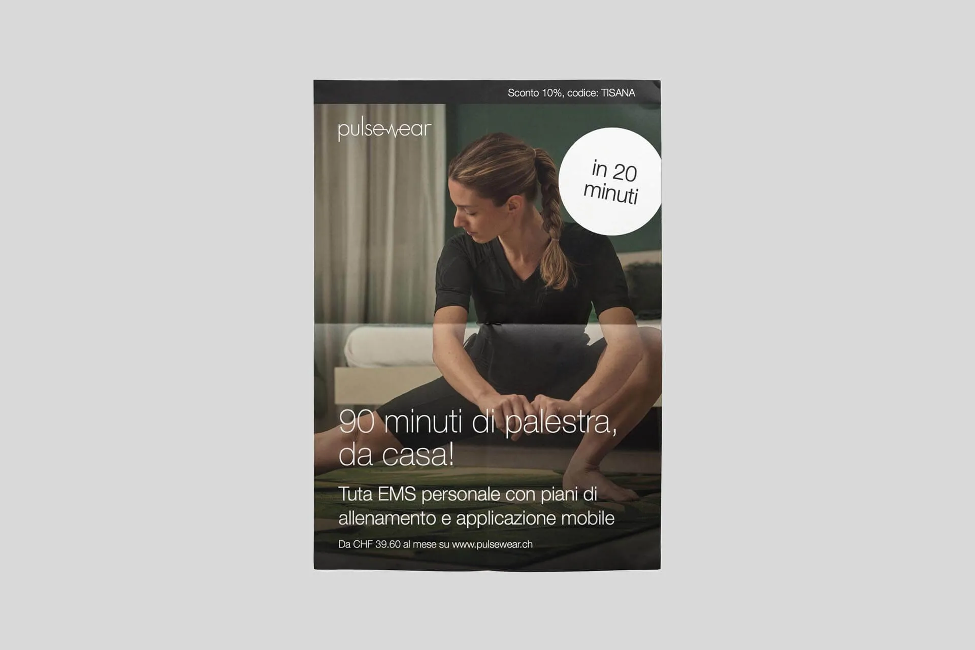 Women in black workout clothing stretching on a mat at home with promotional text about a 90-minute personal EMS training with mobile app.