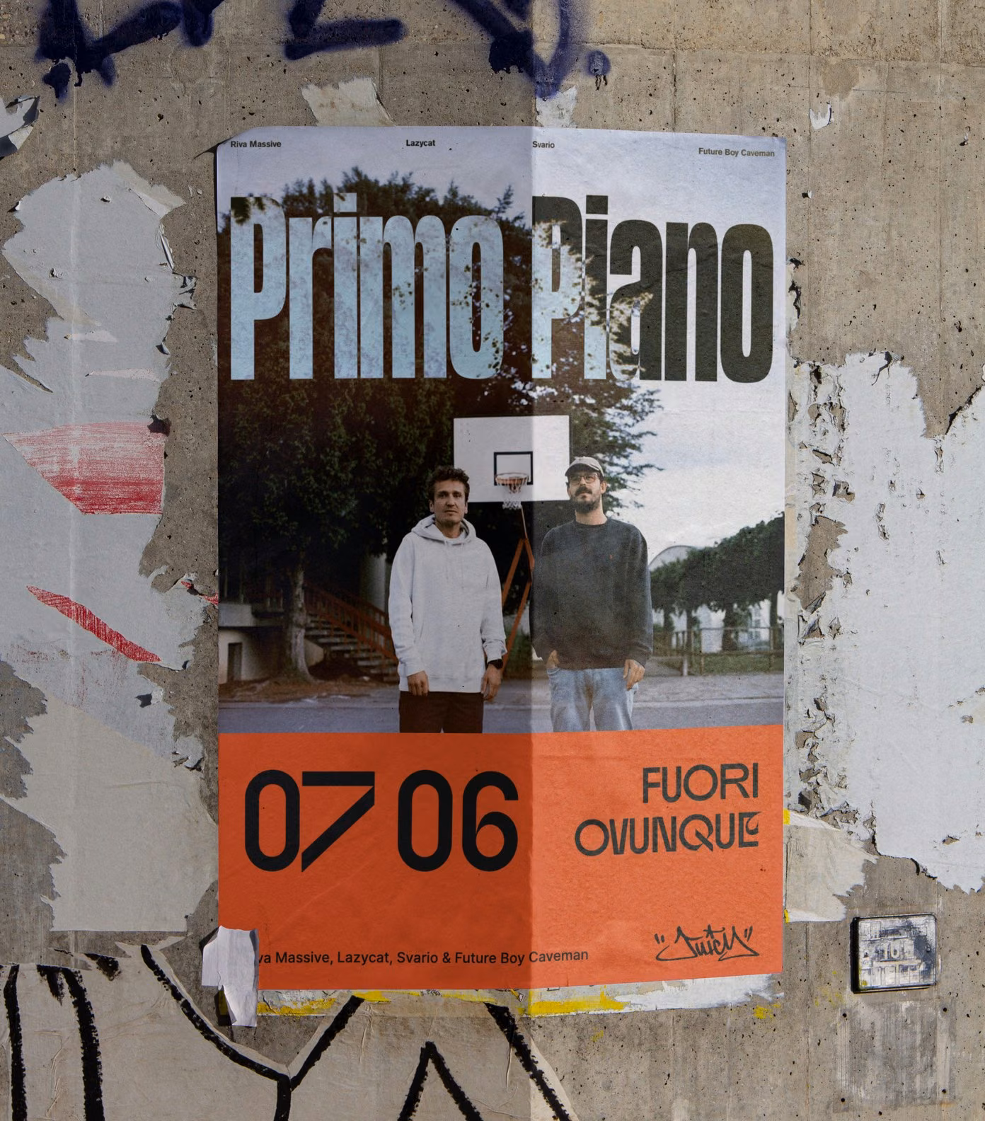 Primo Piano poster pasted between graffiti: 07 06, out everywhere