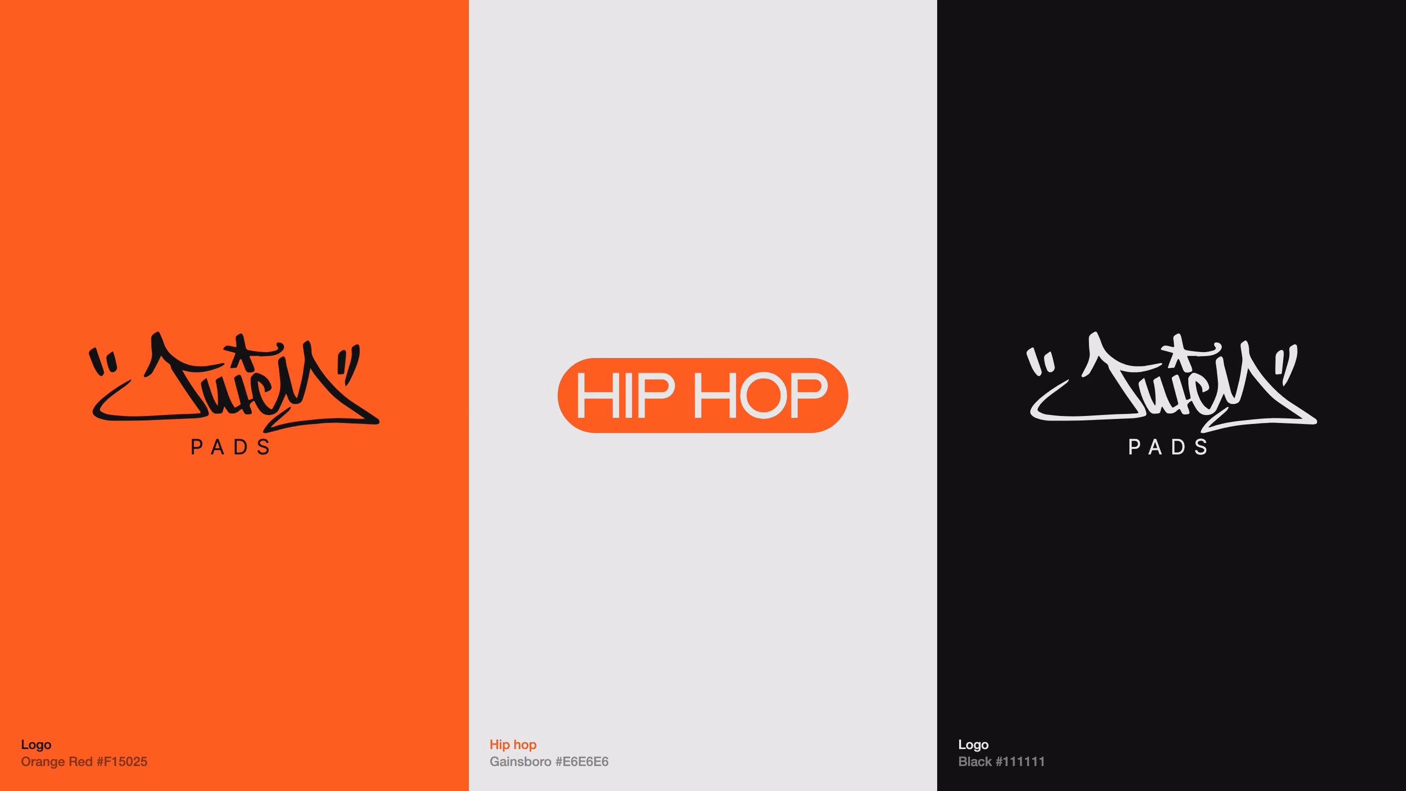 The Juicy Pads system: the tag on orange, the hip hop pill on grey, the tag on black