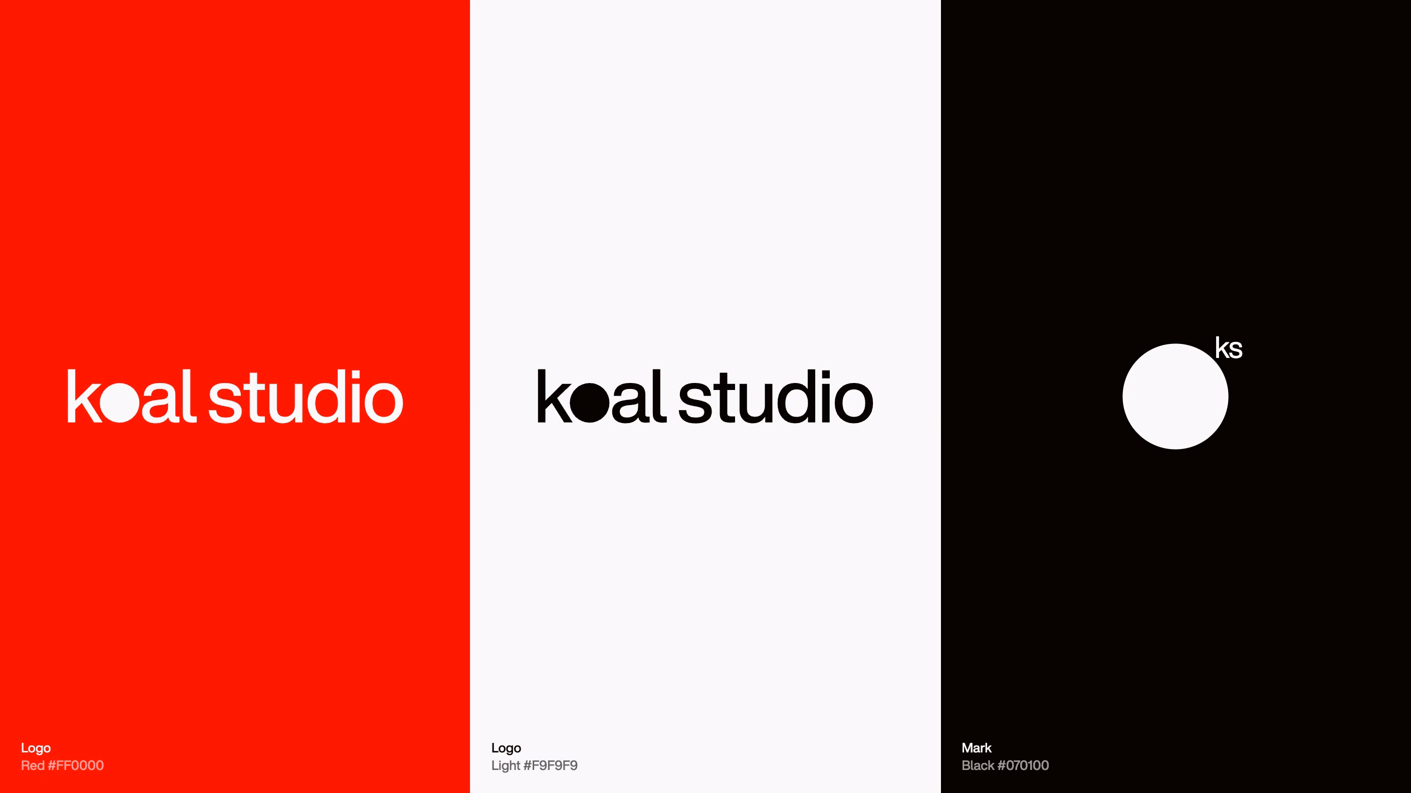 The Koal Studio system: the logo on red, the logo on light grey, the ks mark on black