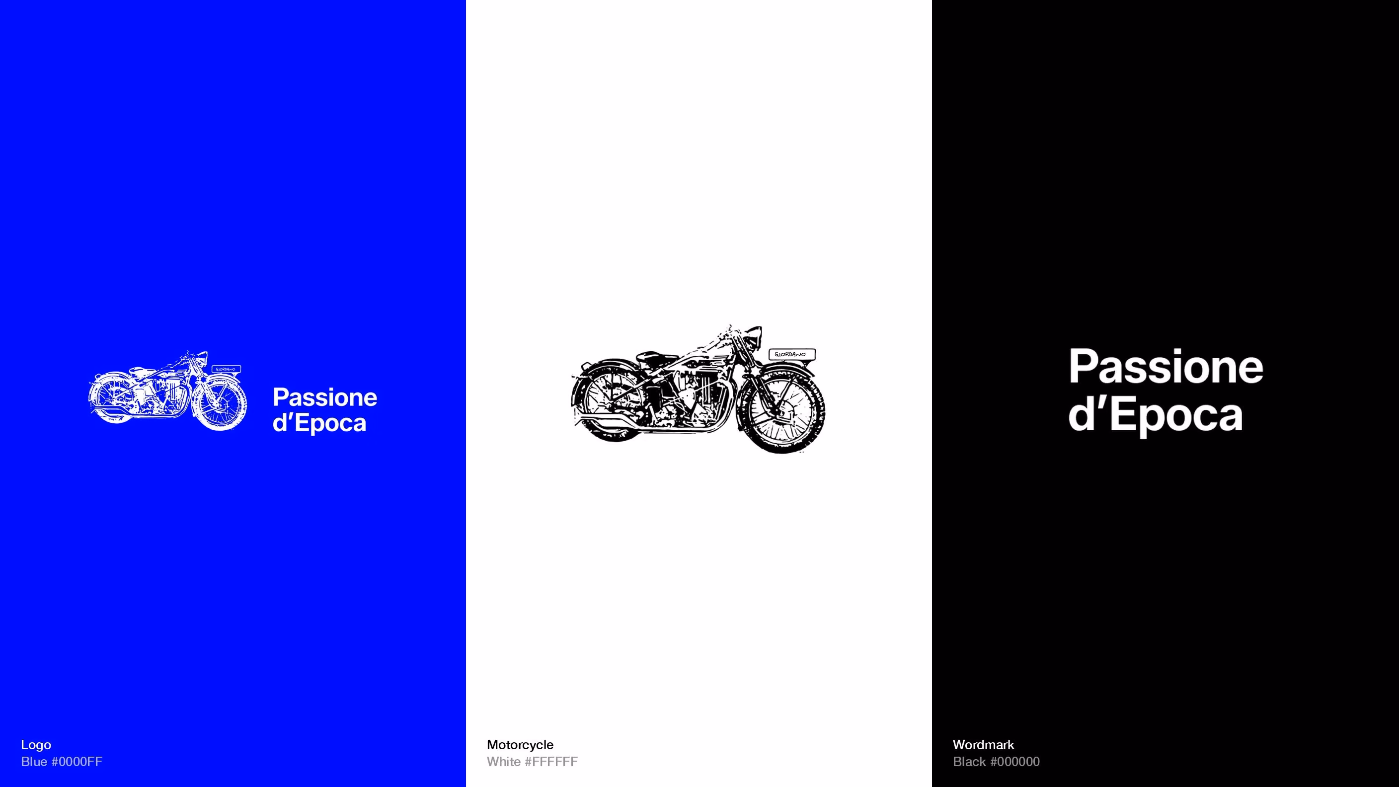The Passione d’Epoca system: the logo on blue, the motorcycle with GIORDANO on its plate on white, the wordmark on black