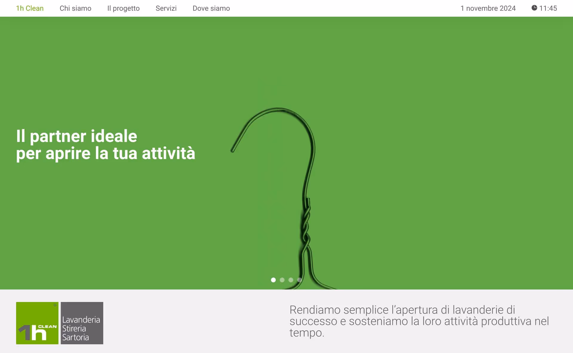 Website header with a green background, a metal hanger outline, and Italian text about an ideal partner for opening a business, featuring the 1h Clean logo.