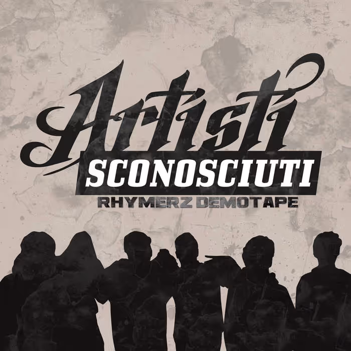 Silhouettes of people standing together beneath stylized text reading 'Artisti Sconosciuti Rhymerz Demotape' on a textured background.