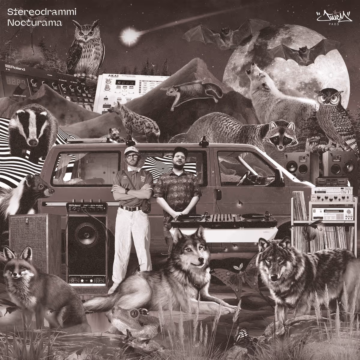 Two men standing in front of a van surrounded by various wild animals, musical equipment, and a large moon with bats in a surreal night scene.