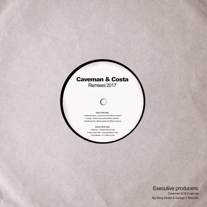 Vinyl record label for Caveman & Costa Remixes 2017 with track listings for Side A and Side B on a beige background.