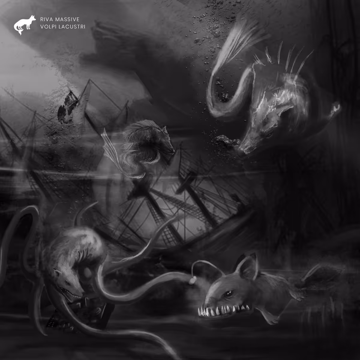 Underwater scene with four ghostly, mythical fox-like creatures with fins and sharp teeth near a sunken shipwreck.