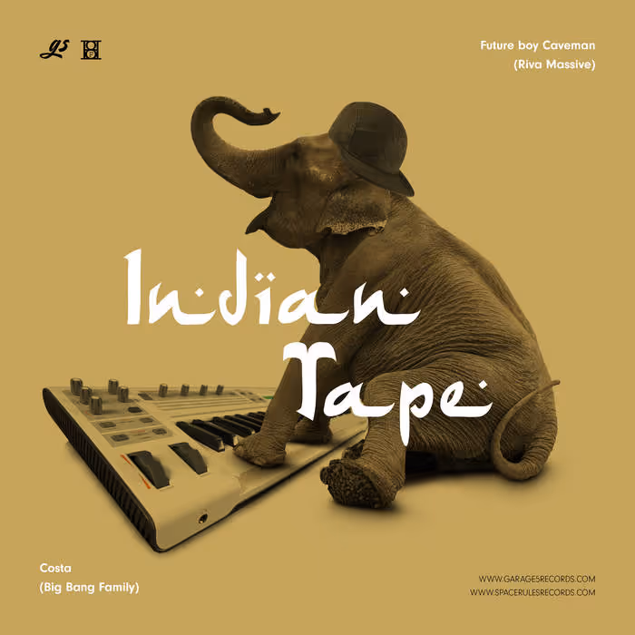 An elephant wearing a hat playing a keyboard synthesizer with the text 'Indian Tape' over it on a brown background.
