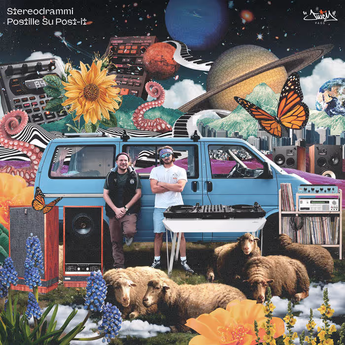 Two men standing in front of a blue van surrounded by sheep, large flowers, audio equipment, and surreal elements like planets, a butterfly, and tentacles in a colorful, fantasy-style landscape.