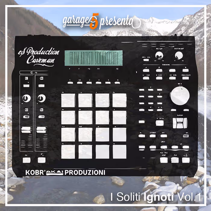 Graphic of a black drum machine with white pads overlayed on a mountain river background, featuring text garage5 presenta, es Production Caveman, and I Soliti Ignoti Vol 1.