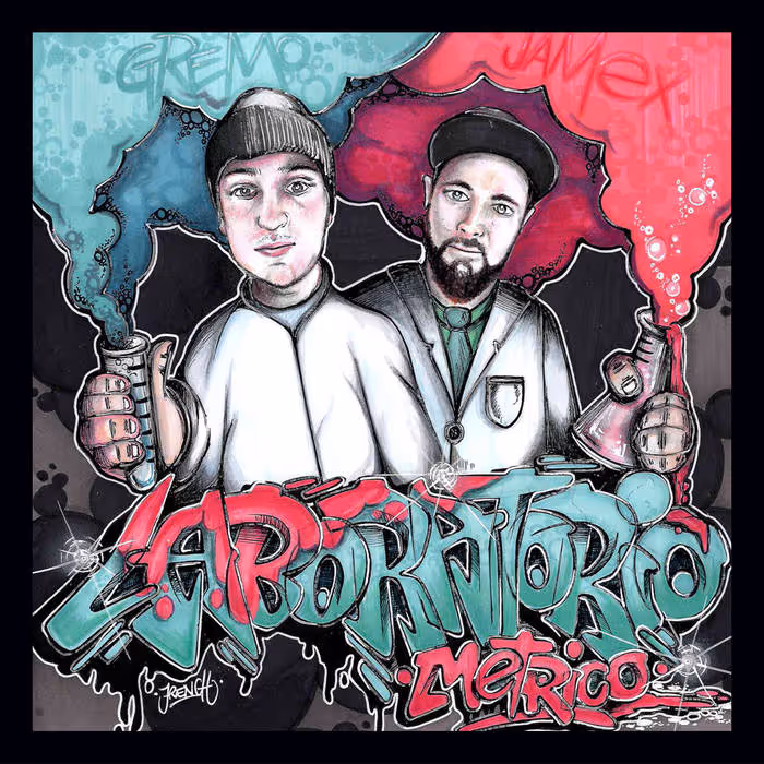 Colorful graffiti-style artwork featuring two men in lab coats holding smoking flasks, with the words 'Gremo' and 'Jamex' above them and 'Laboratorio Métrico' prominently written below.