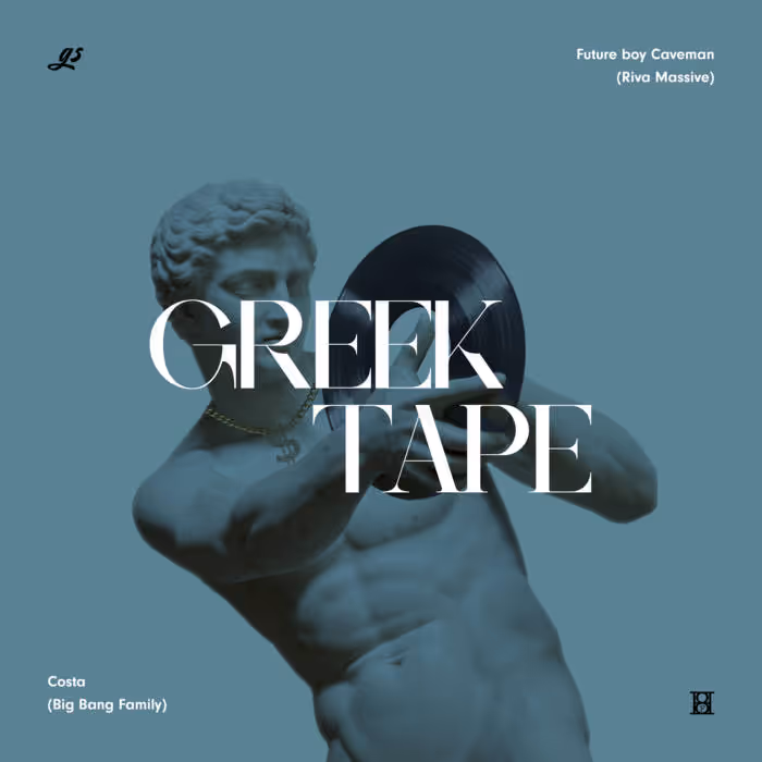 Statue of a muscular Greek male figure holding a black vinyl record with white text reading 'GREEK TAPE' overlaid on a teal background.