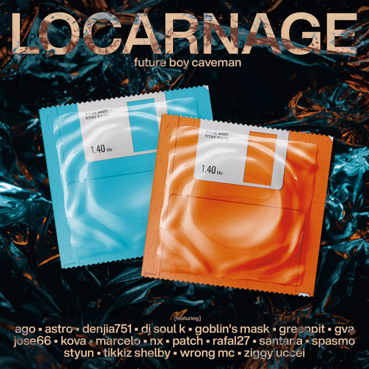 Locarnage album cover with blue and orange condom wrappers against a dark shiny background, featuring the title 'future boy caveman' and a list of featured artists.