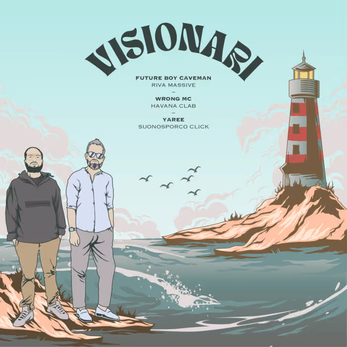 Illustration of two men standing on rocky shore near water with a red and white lighthouse on a hill and birds flying in the cloudy sky.