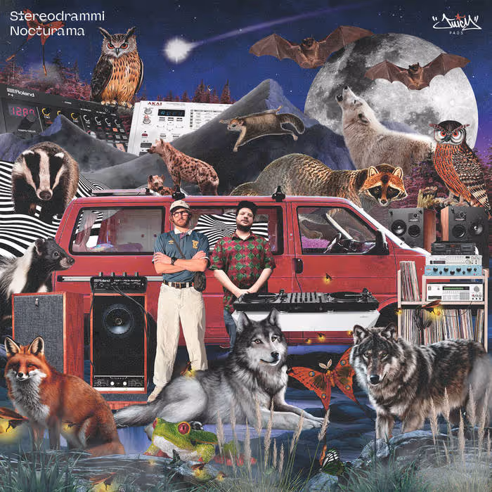Two men standing in front of a red van surrounded by various wild animals including wolves, fox, raccoon, owl, bat, badger, frog, and a wolf howling at a full moon with mountains and music equipment in the background.