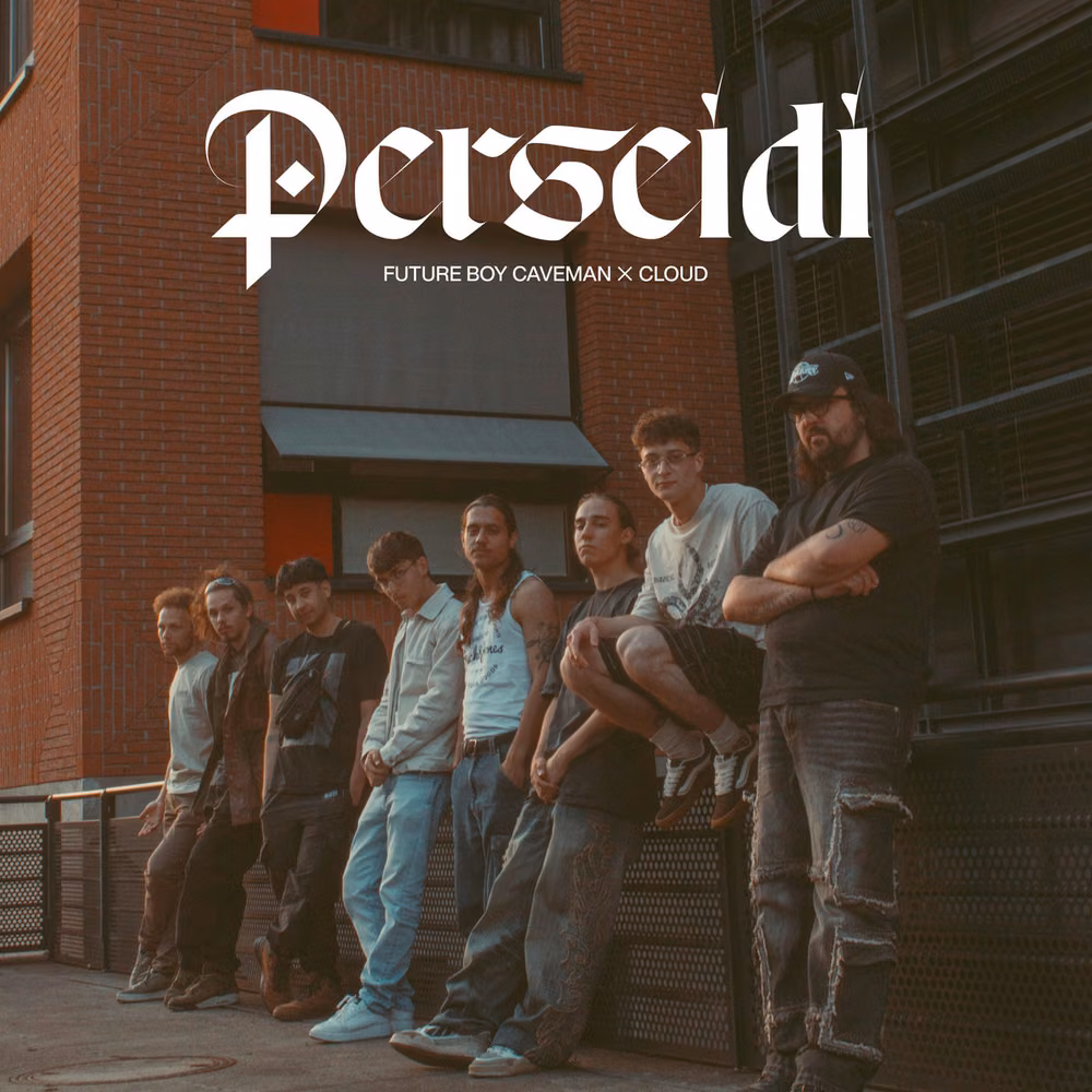 A group of nine young men leaning in a row against a red brick building, below the title Perseidi in blackletter and the line Future Boy Caveman × Cloud.