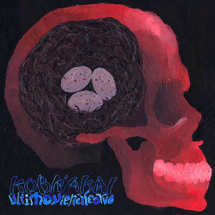 Illustration of a red human skull with a nest containing three lavender eggs inside the brain area, with stylized blue text below.