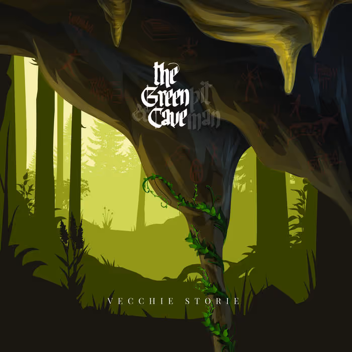 Illustration of a green cave entrance covered with vines, leading into a bright forest with tall trees.