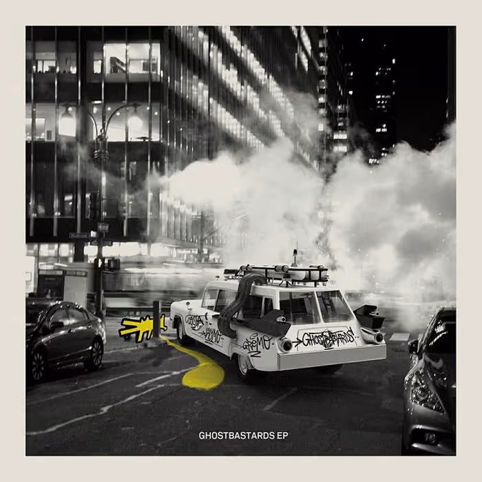 Black and white city street at night with a vintage car covered in graffiti and steam rising in the background, featuring yellow ghost and trail graphic and text 'GHOSTBASTARDS EP'.