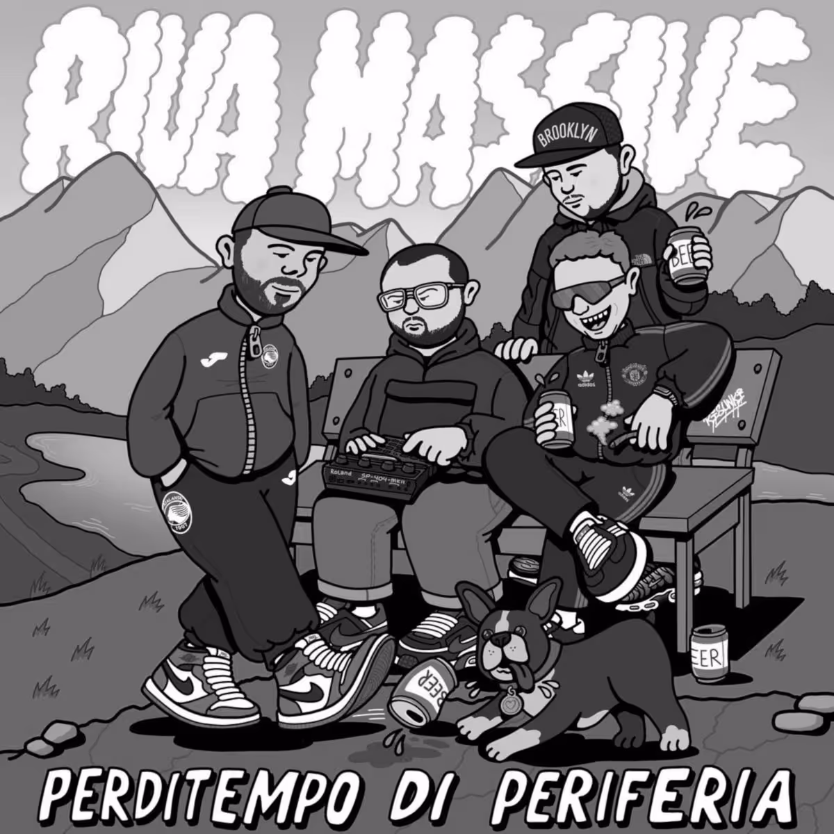 Illustration of four men in sportswear sitting and standing around a bench outdoors with a dog near spilled beer cans, mountains in background, text 'RUA MASKIVE' and 'PERDITEMPO DI PERIFERIA'.