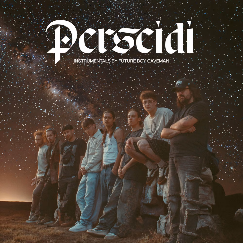A group of nine young men leaning in a row under a starry night sky with the Milky Way, below the title Perseidi in blackletter and the line Instrumentals by Future Boy Caveman.
