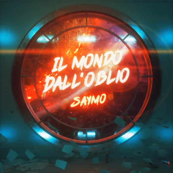Circular window with glowing red and orange light and text 'IL MONDO DALL'OBLIO SAYMO' inside, surrounded by floating debris.