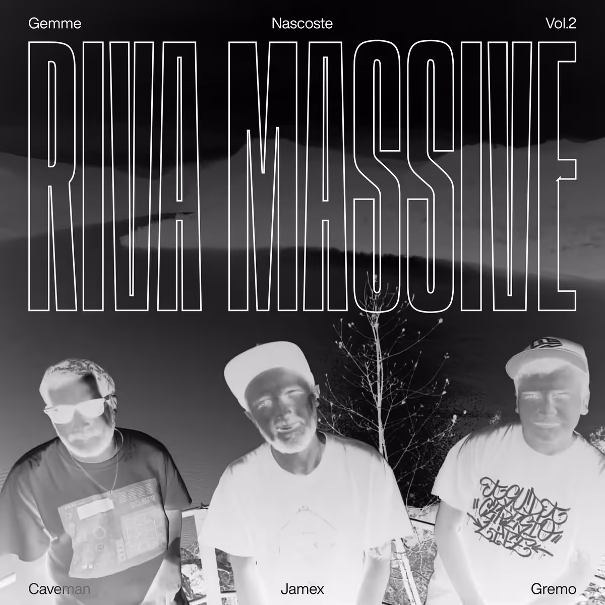 Black and white negative image of three men wearing caps standing outdoors with text 'RUKA MASSIVE' in large outlined letters above them.