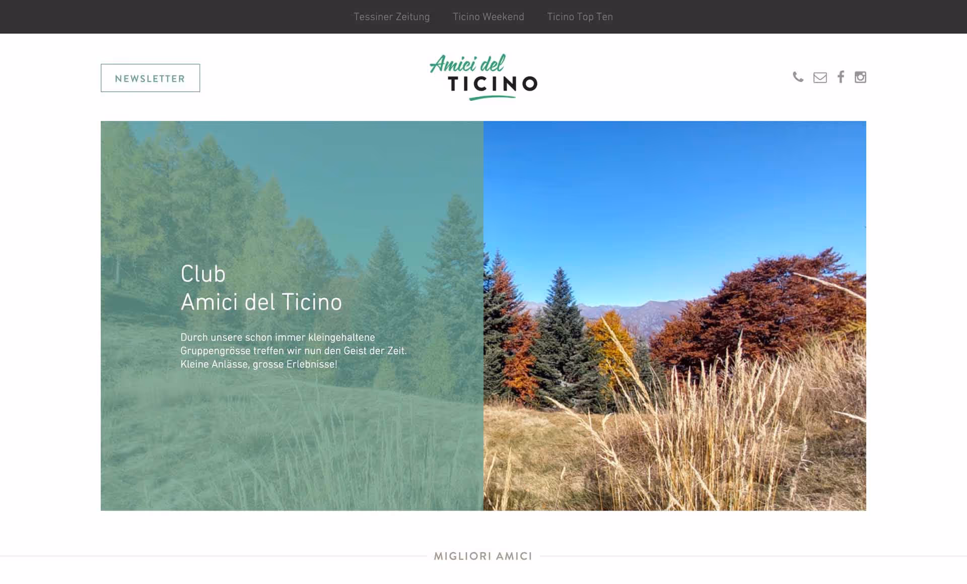 Website section featuring autumn landscape with evergreen and red-leaf trees under clear blue sky, partially overlaid with text about Club Amici del Ticino.