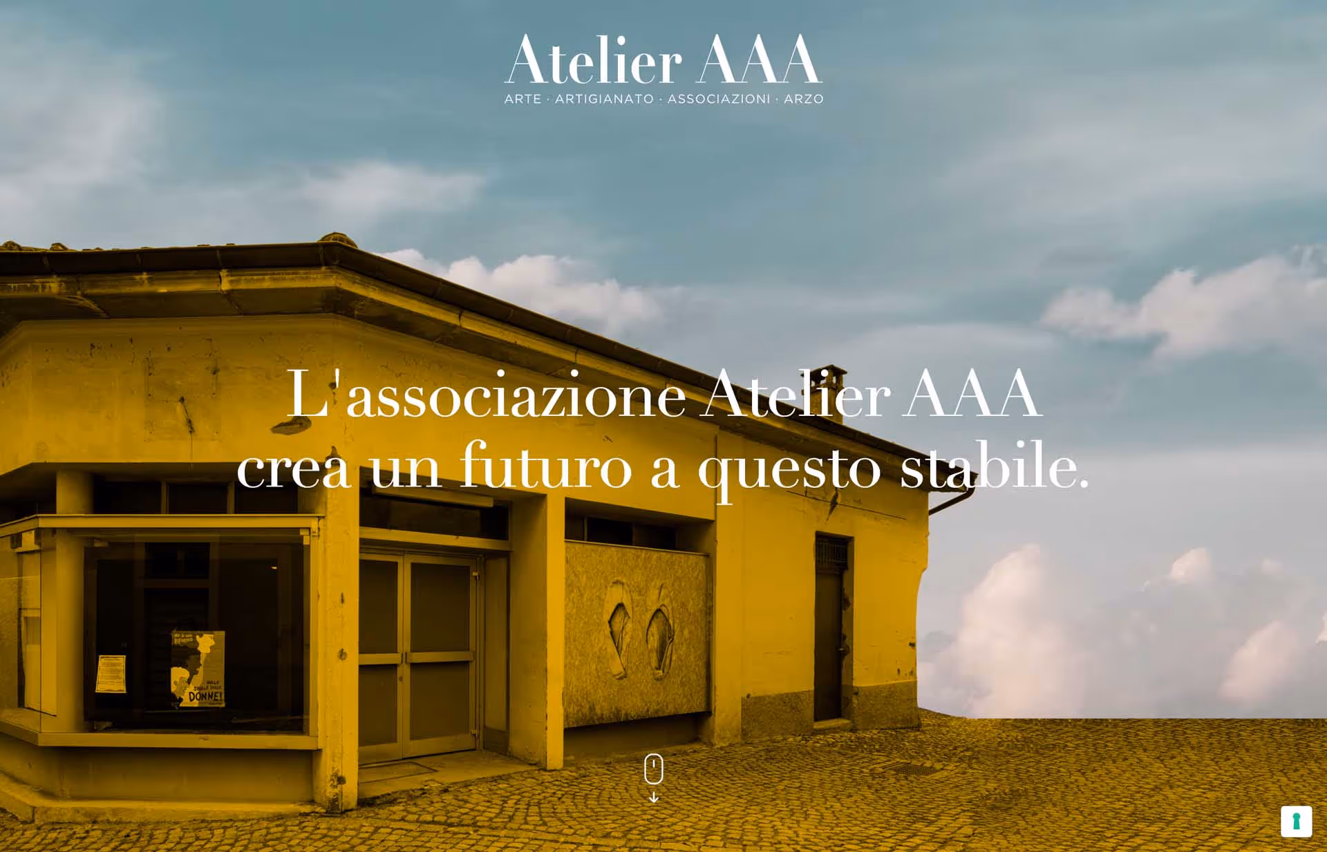 Yellow building with a cobblestone ground under a partly cloudy sky, with text overlay about Atelier AAA creating a future for this building.