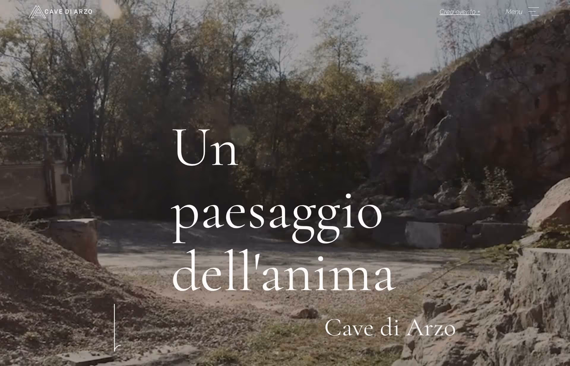 Rocky quarry landscape with trees in the background and text overlay reading 'Un paesaggio dell'anima' and 'Cave di Arzo'.