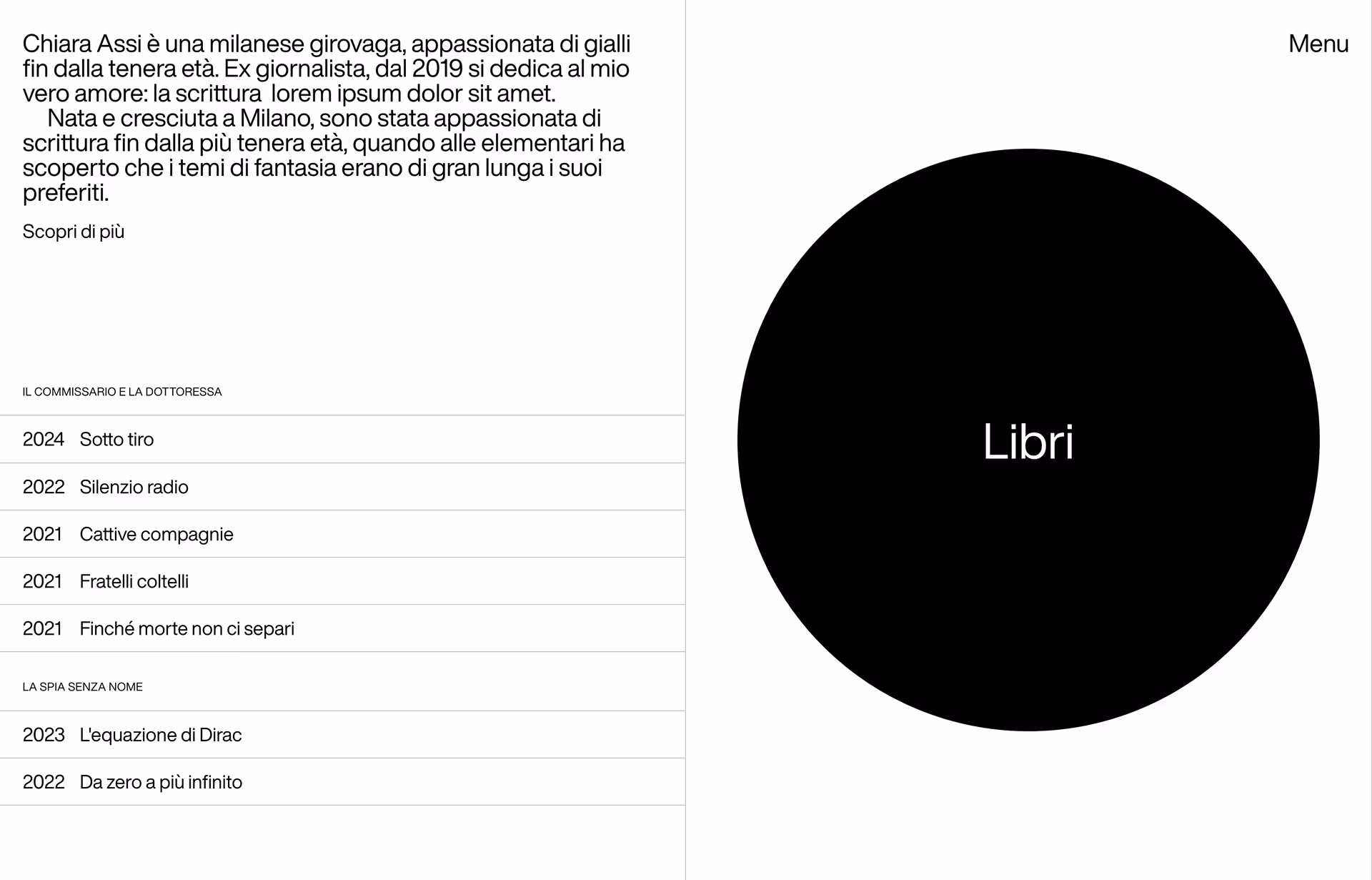 Website section introducing Milanese author Chiara Assi with her biography on the left, a list of her books by series and year in the center, and a black circle labeled 'Libri' with a 'Menu' link on the right.