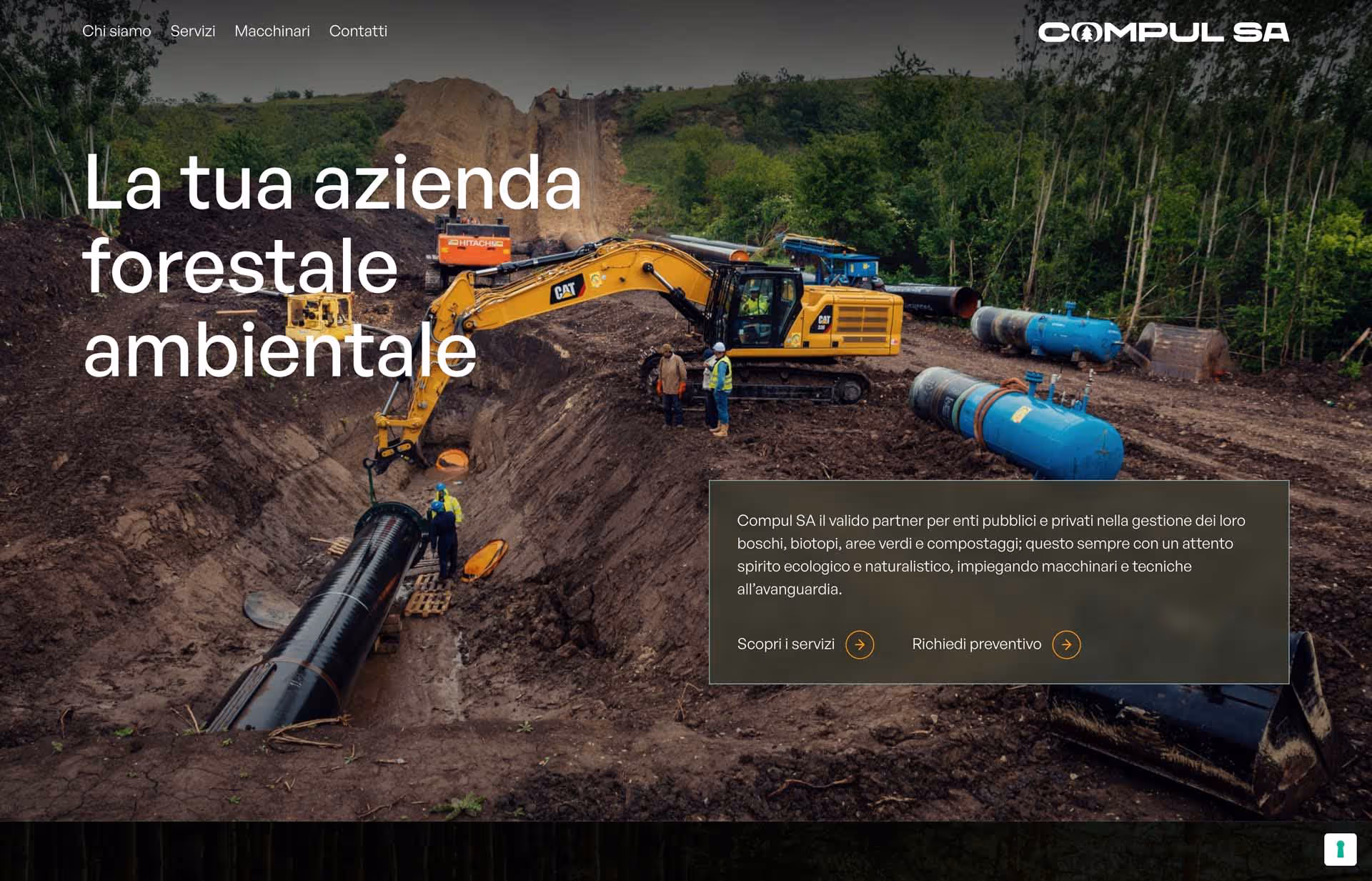 Construction site with an excavator and workers installing large black pipes in a forested area.