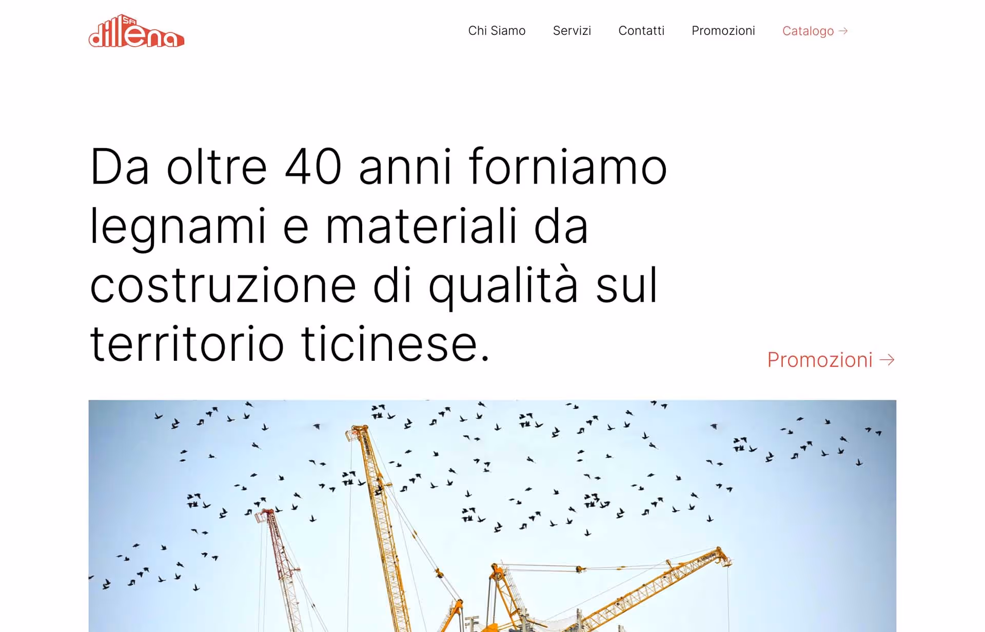 Website header with red Dillena SRL logo, menu options in Italian, text about over 40 years supplying quality wood and construction materials in Ticino, and construction cranes with birds flying overhead.