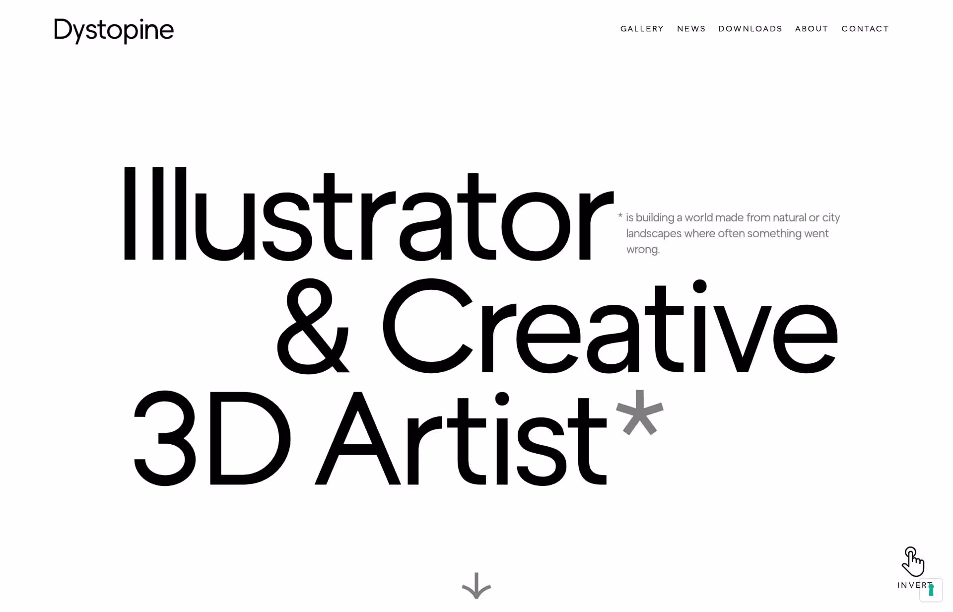 Website header with text stating 'Illustrator & Creative 3D Artist*' and a note about building worlds from natural or city landscapes, with navigation links at top right and an invert color icon at bottom right.
