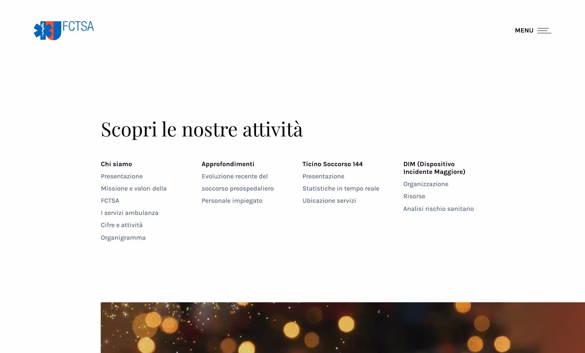 Website section titled 'Scopri le nostre attività' with four columns listing categories and links related to FCTSA services and information.