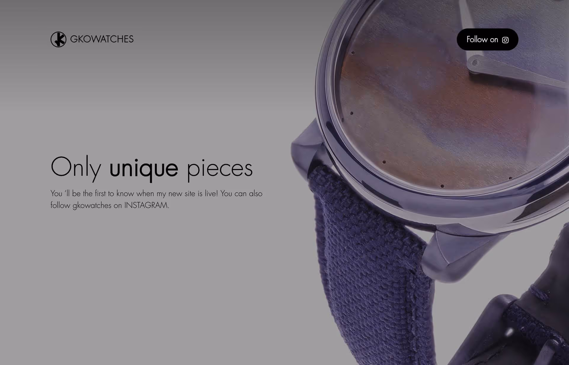 Close-up of a wristwatch with a purple fabric strap and a minimalist face with no numbers, alongside text promoting unique GKOWatches and Instagram follow.