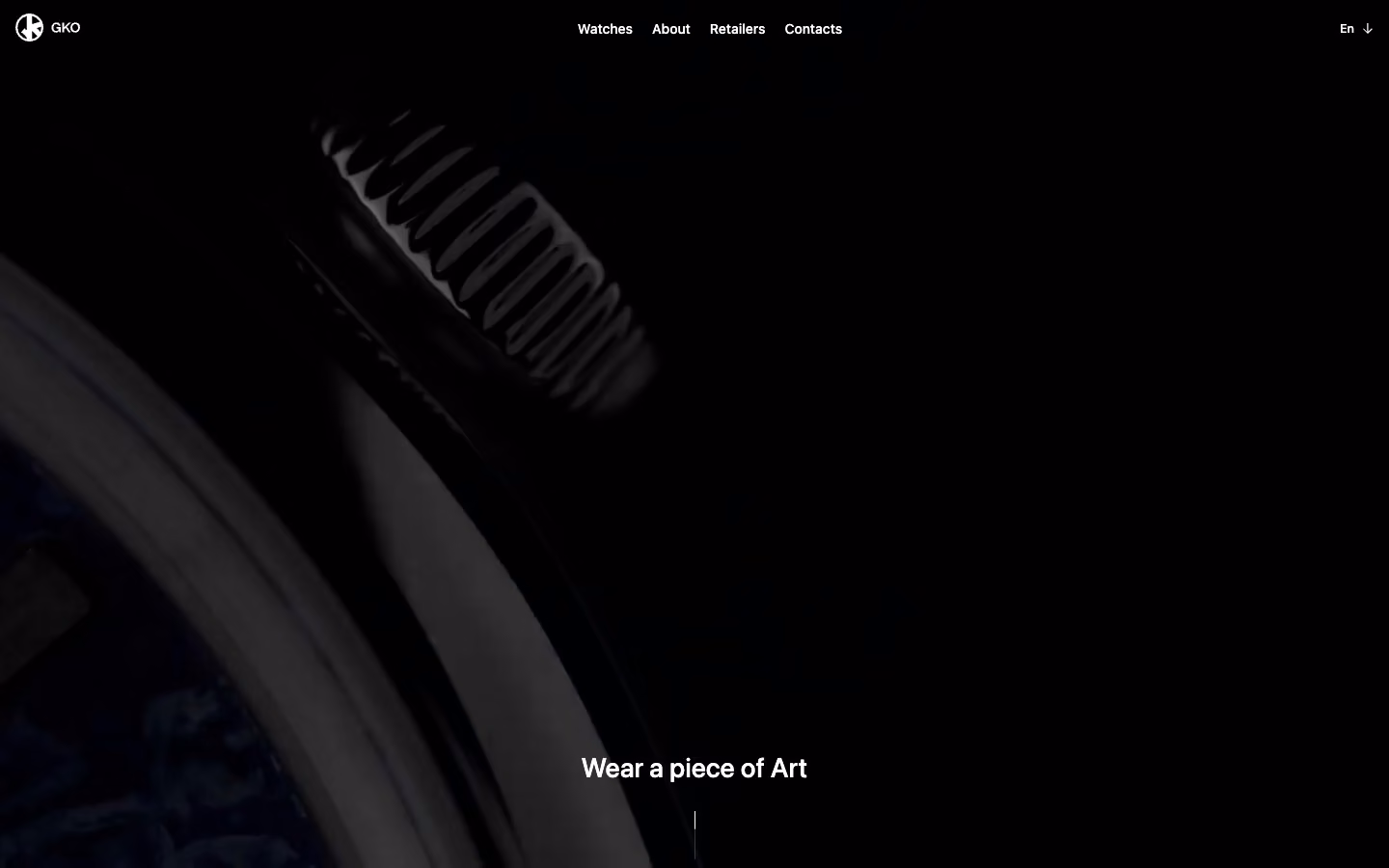 GKO Watches home page: a dark close-up of a watch and the line 'Wear a piece of Art'.