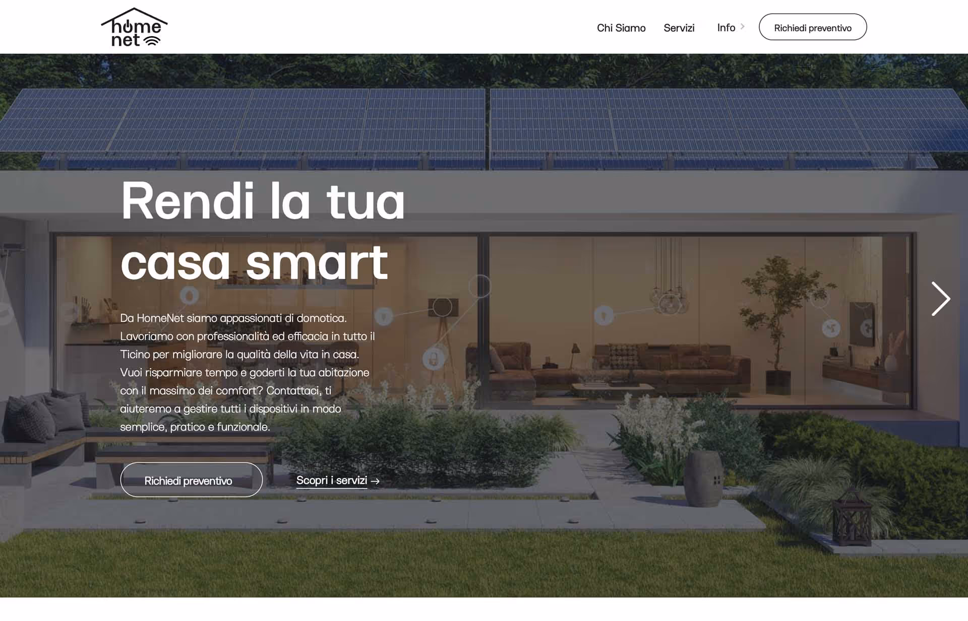 Modern house with large glass sliding doors, rooftop solar panels, a garden with greenery, and text promoting smart home services in Italian.