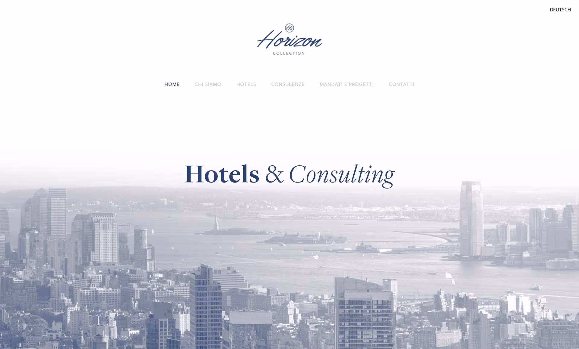 City skyline with water and distant Statue of Liberty, overlaid with text 'Hotels & Consulting'.