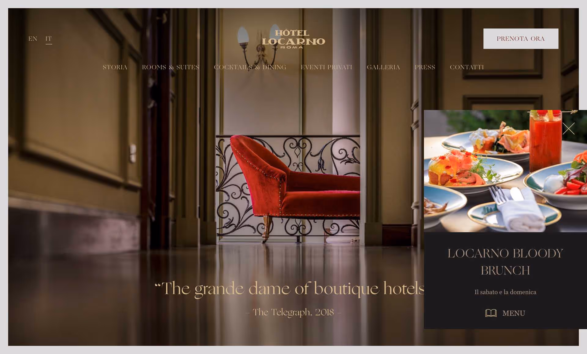 Red velvet chaise lounge at the end of a polished hallway with ornate railing, overlay showing brunch dishes and a Bloody Mary drink.