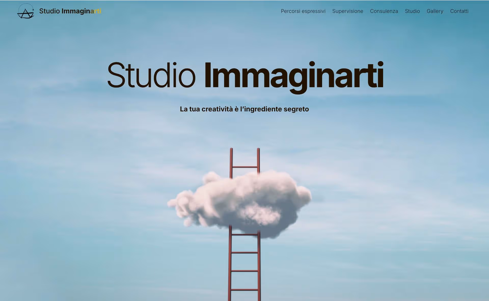 Red ladder reaching up to a single fluffy cloud against a blue sky, with Studio Immaginarti text above.