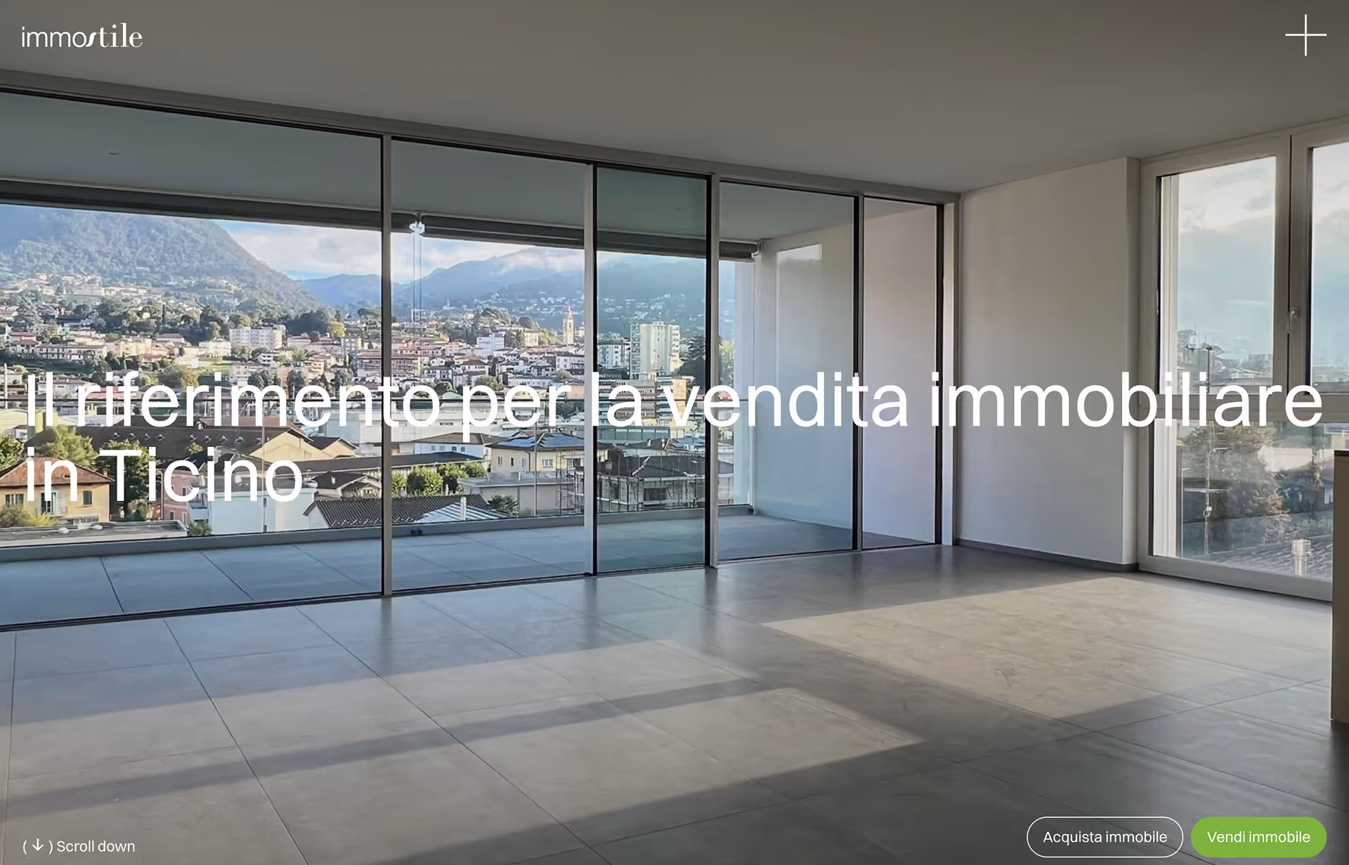 Empty modern apartment with large floor-to-ceiling windows overlooking a city and mountains in Ticino.