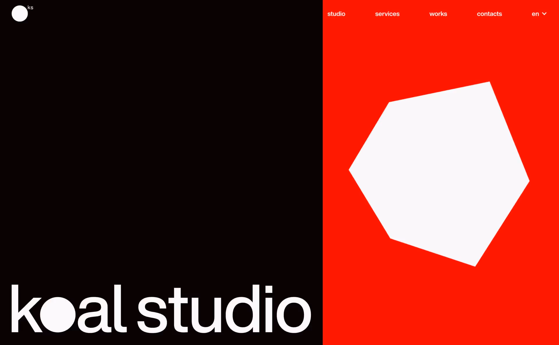 Website homepage split black and red; left side with 'koal studio' text including a white circle in the 'o', right side with a rotating white pentagon shape.