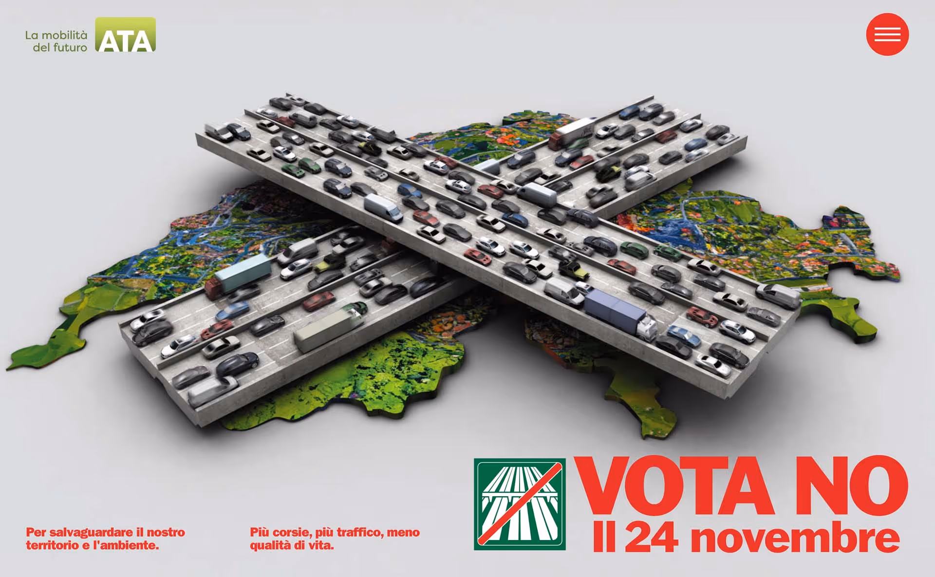 Illustration of heavy traffic congestion on overlapping highways shaped like the map of Italy, with a campaign message urging to vote no on November 24 to protect territory and environment.