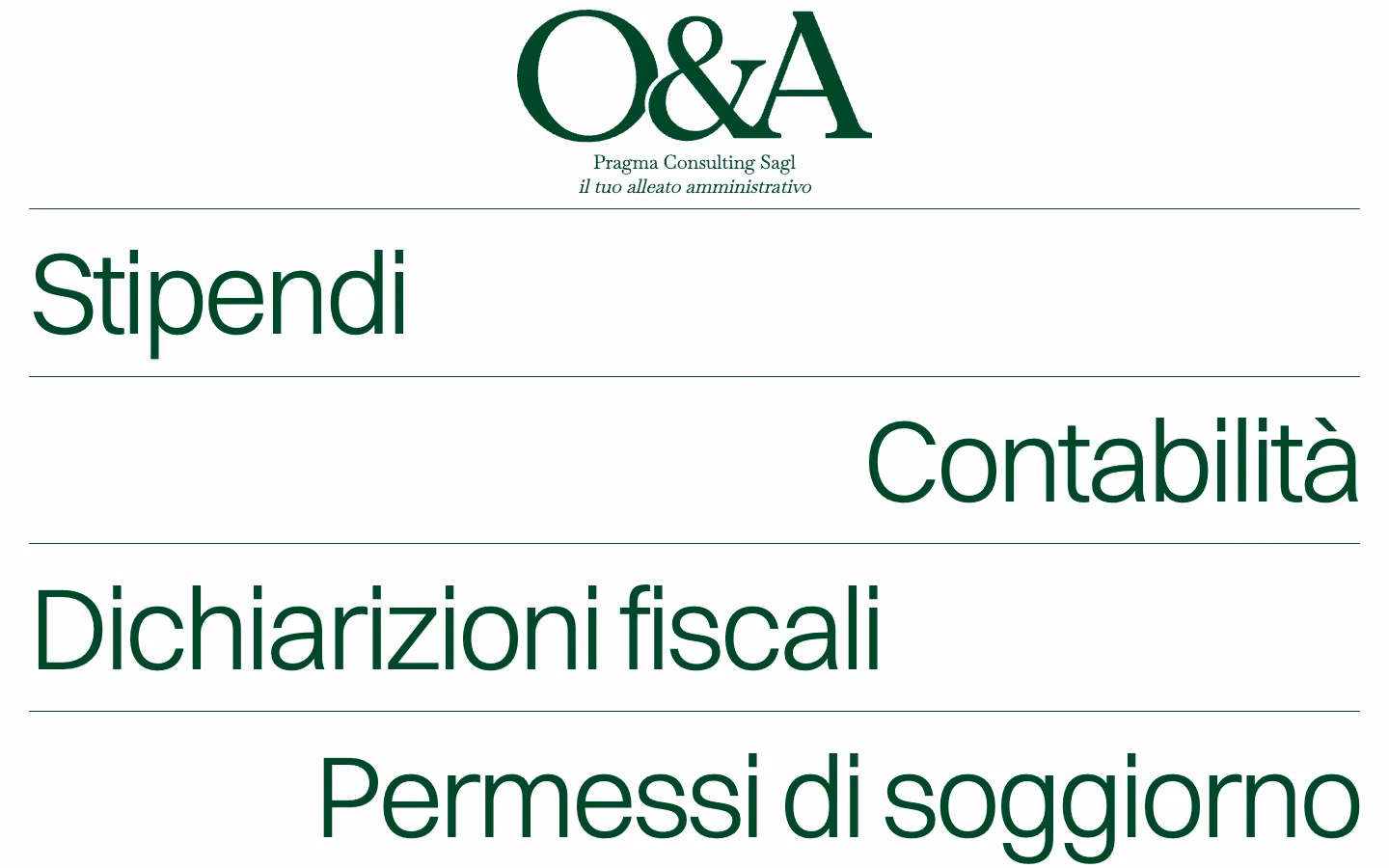 O&A Pragma Consulting home page listing payroll, accounting, tax returns and residence permits in large green type.