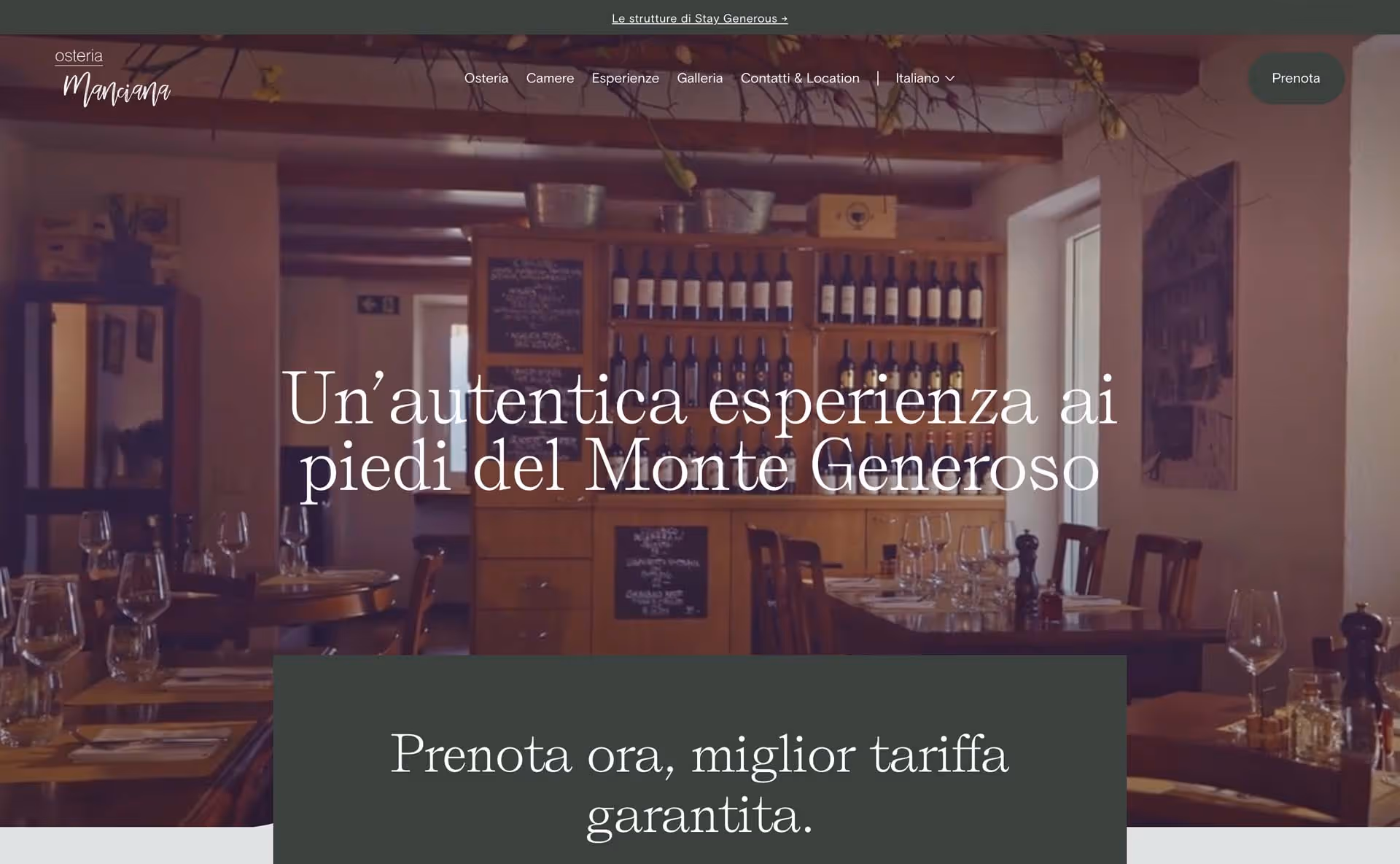 Cozy restaurant interior with wooden tables, wine bottles on shelves, and tables set with glasses and cutlery.