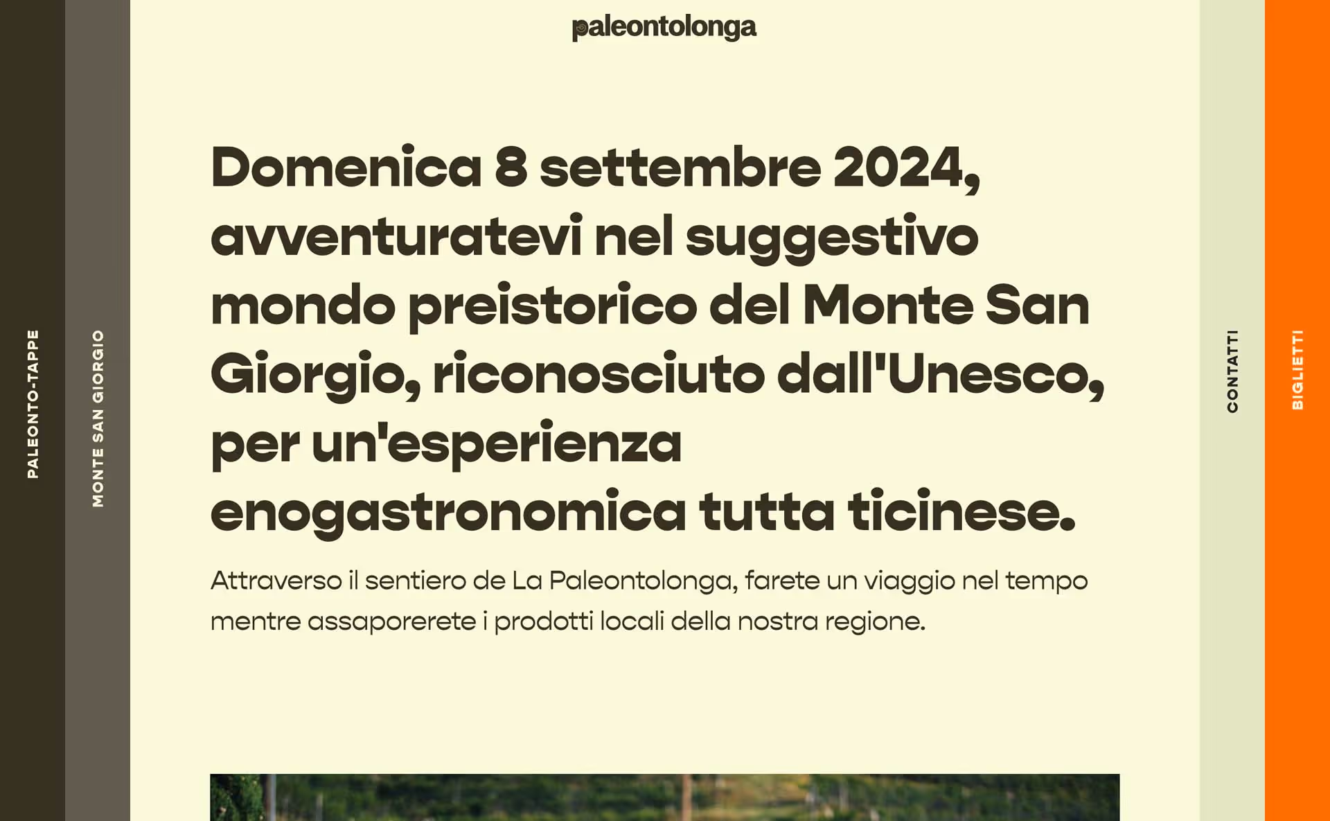 Italian event announcement for September 8, 2024, inviting to explore the prehistoric world of Monte San Giorgio, a UNESCO site, with a local gastronomy experience.