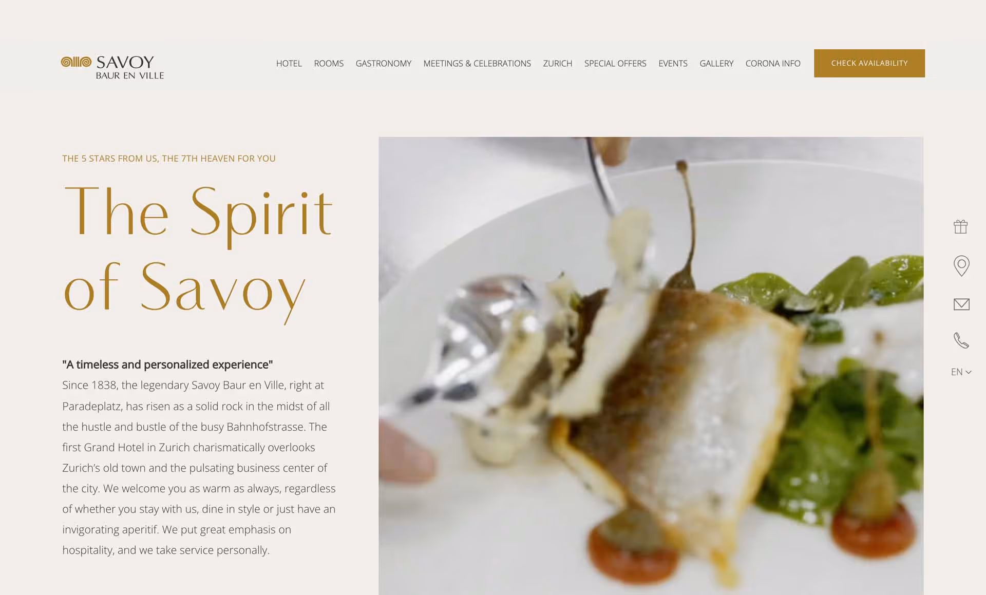 Website screenshot of Savoy Baur en Ville hotel with text about its history and a close-up of a gourmet fish dish being served on a white plate with greens and sauce.