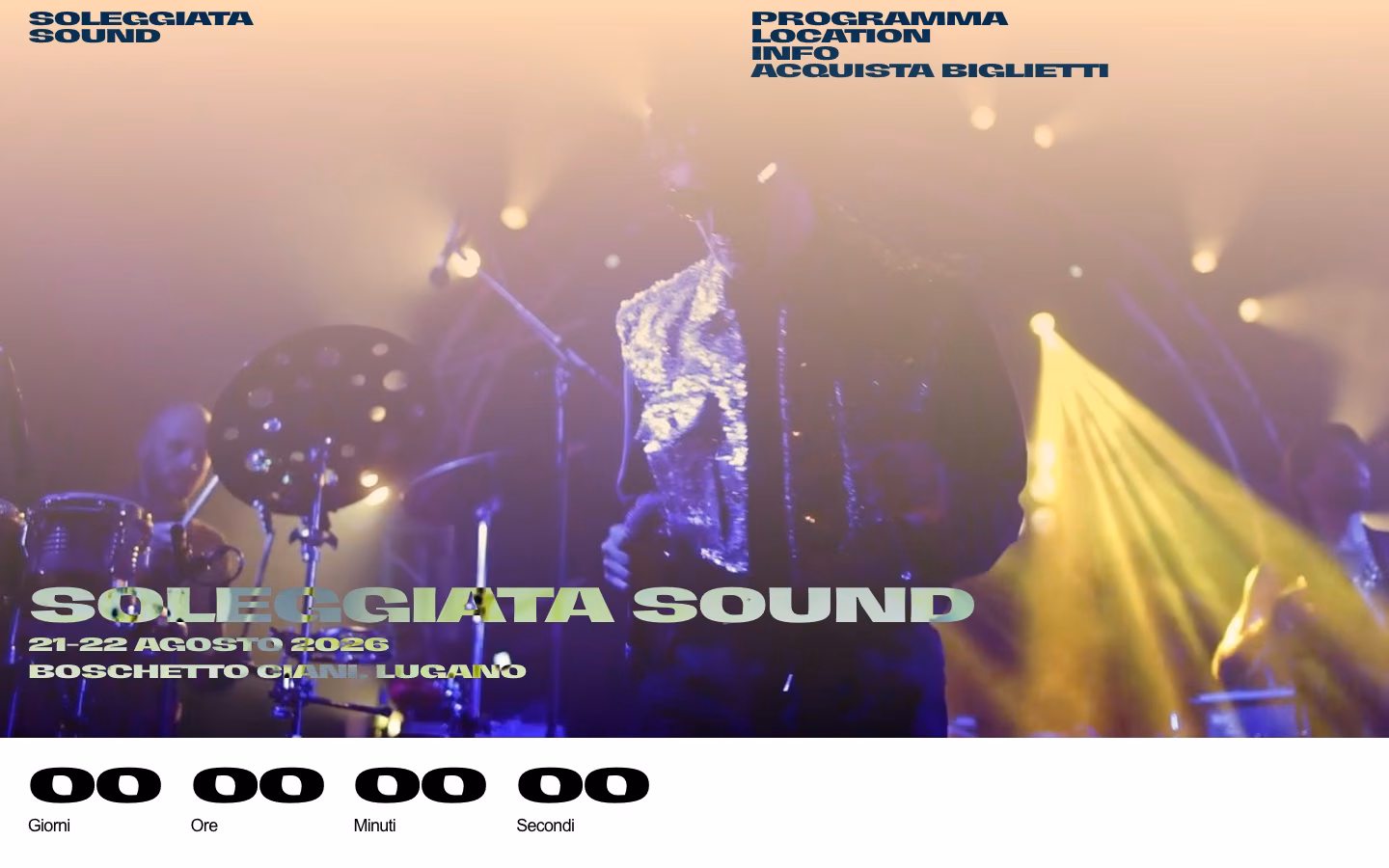 Soleggiata Sound festival home page with a concert photo, dates and a countdown.